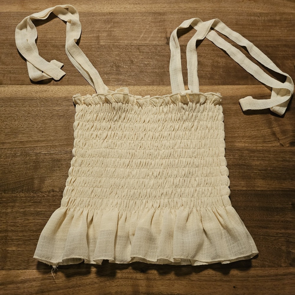 Buttery Yellow Linen Smocked Tank Top. tShoulder Ties. Sz Sm. Boho. Romantic